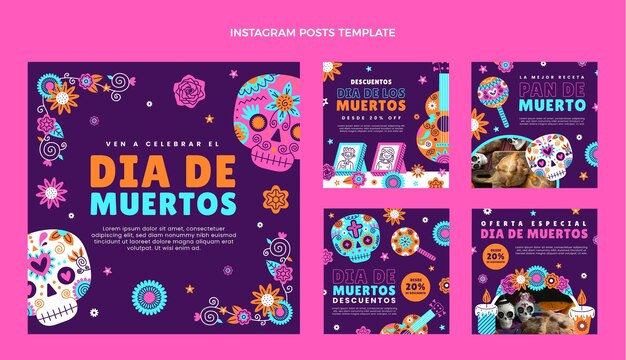 Нарисованная рукой плоская коллекция сообщений instagram dia de muertos