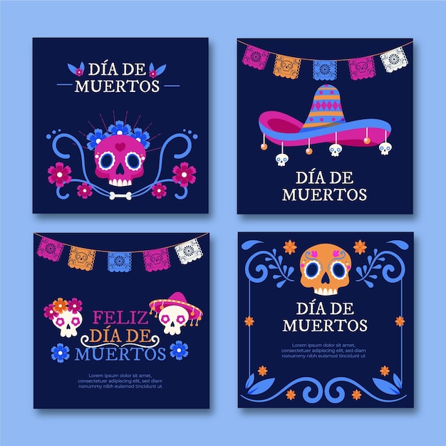 Free vector hand drawn flat dia de muertos instagram posts collection