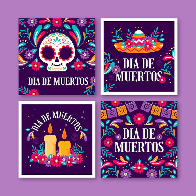 Hand drawn flat dia de muertos instagram posts collection