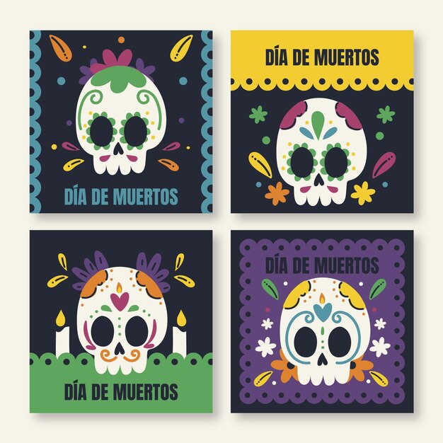 Free vector hand drawn flat dia de muertos instagram posts collection