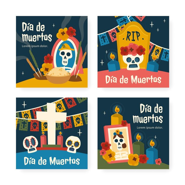 Hand drawn flat dia de muertos instagram posts collection