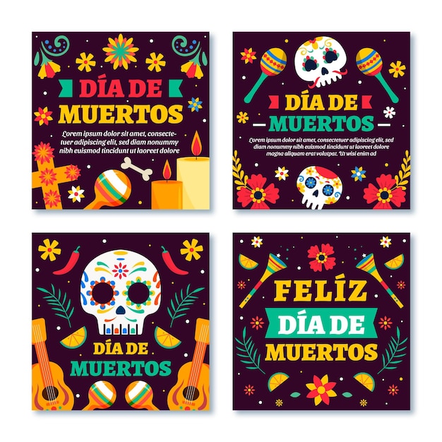 Hand drawn flat dia de muertos instagram posts collection