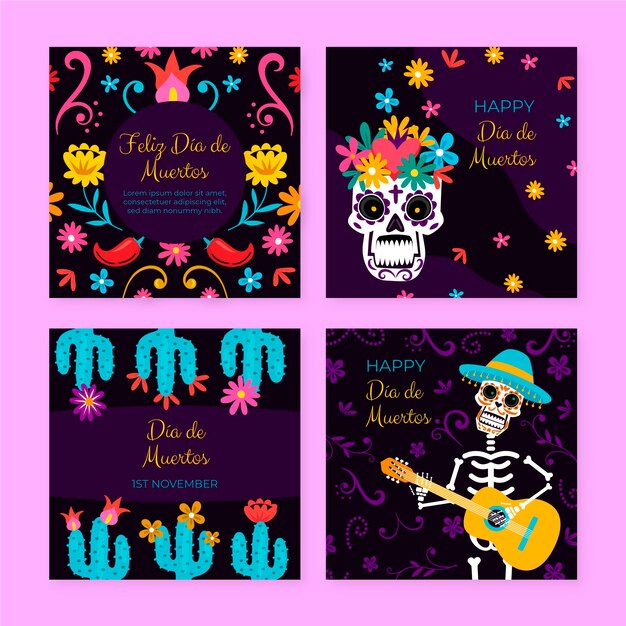 Hand drawn flat dia de muertos instagram posts collection