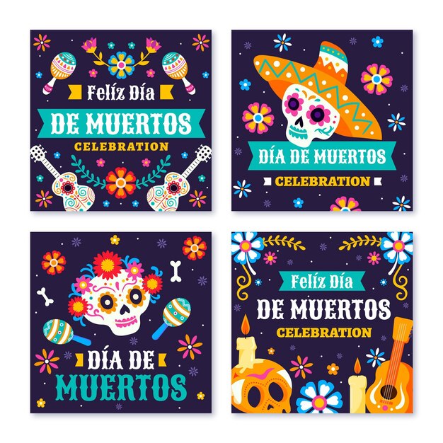 Hand drawn flat dia de muertos instagram posts collection