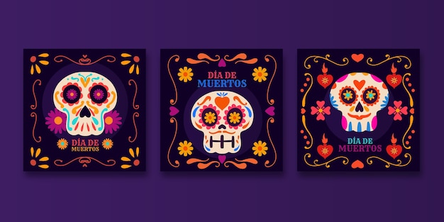 Collezione di post di instagram dia de muertos piatta disegnata a mano