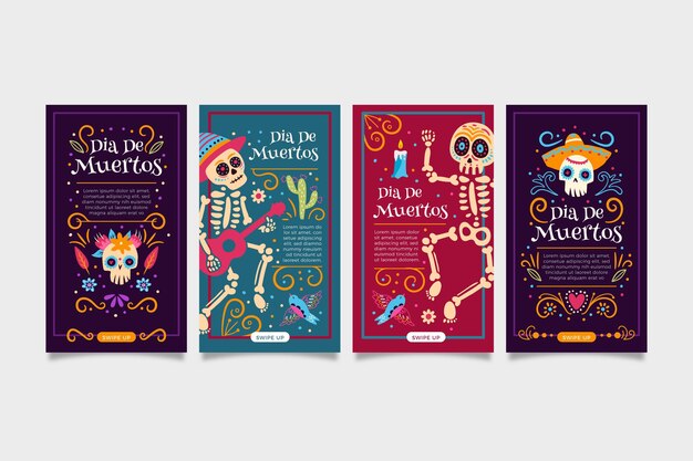 Hand drawn flat dia de muertos instagram stories collection