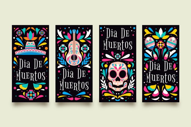 Hand drawn flat dia de muertos instagram stories collection