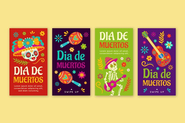 손으로 그린 플랫 dia de muertos 인스타그램 스토리 컬렉션