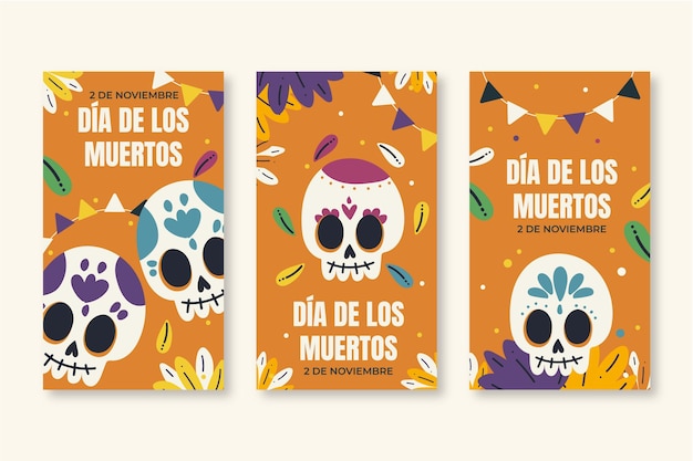 Нарисованная рукой плоская коллекция историй instagram dia de muertos