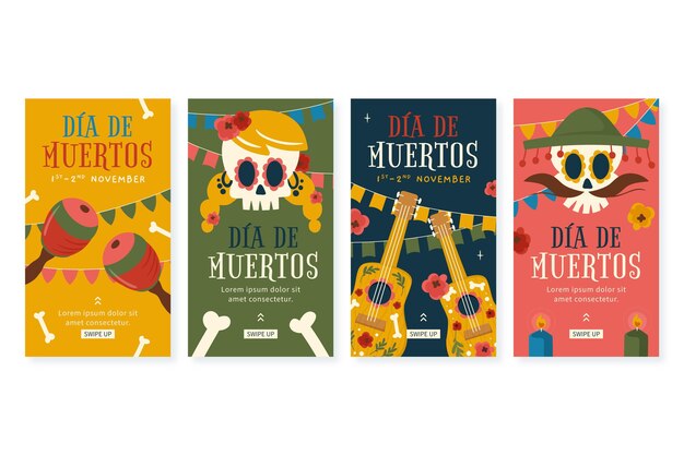 Hand drawn flat dia de muertos instagram stories collection