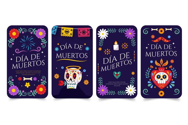 Нарисованная рукой плоская коллекция историй instagram dia de muertos