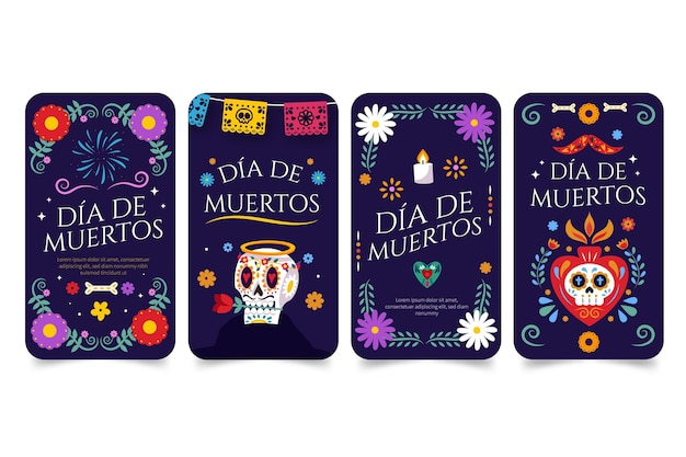 Нарисованная рукой плоская коллекция историй instagram dia de muertos