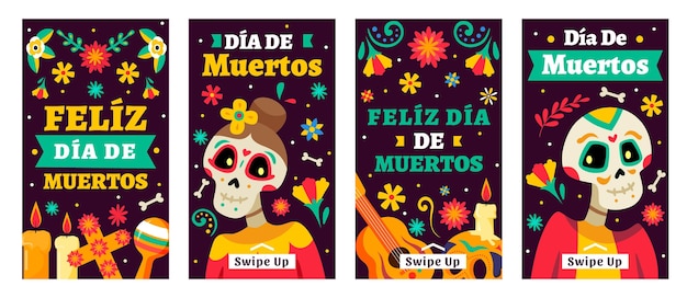 Collezione di storie di instagram dia de muertos piatta disegnata a mano