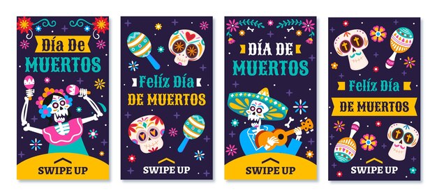 Нарисованная рукой плоская коллекция историй instagram dia de muertos