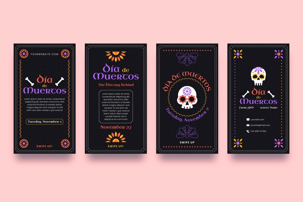 Hand drawn flat dia de muertos instagram stories collection