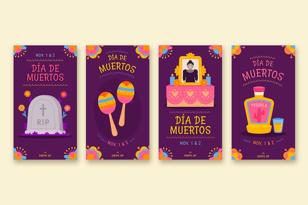 Free vector hand drawn flat dia de muertos instagram stories collection