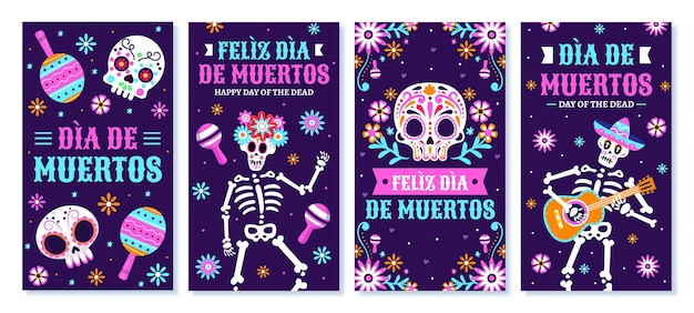 Free vector hand drawn flat dia de muertos instagram stories collection