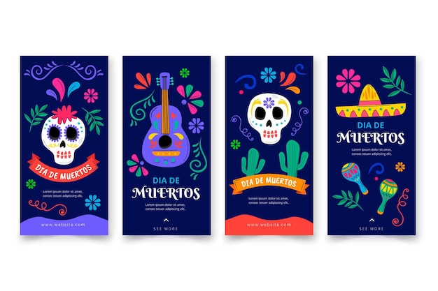 Free vector hand drawn flat dia de muertos instagram stories collection