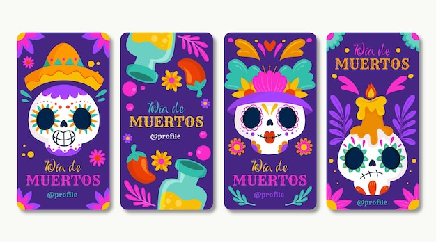 Free vector hand drawn flat dia de muertos instagram stories collection