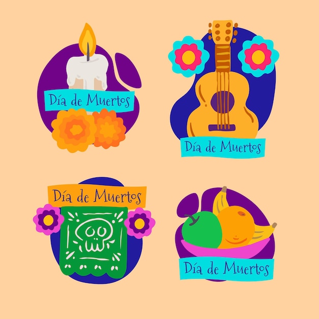 Free vector hand drawn flat dia de muertos labels collection