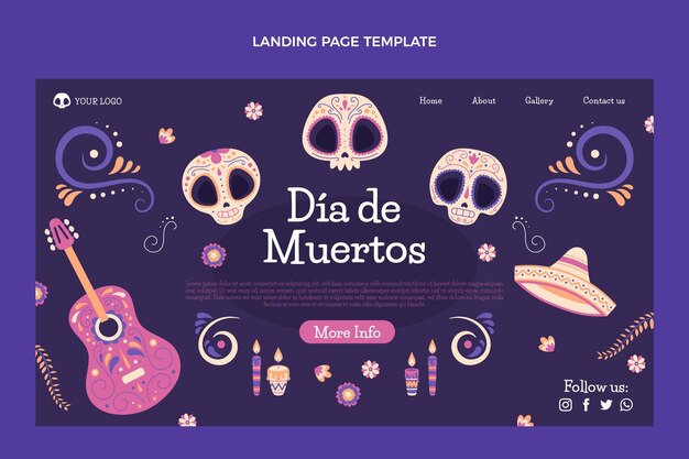 손으로 그린 평면 dia de muertos 방문 페이지 템플릿