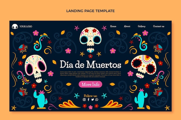 Free vector hand drawn flat dia de muertos landing page template