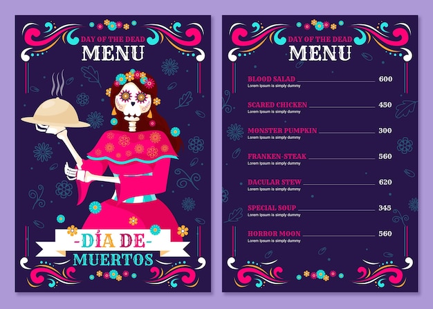 Hand drawn flat dia de muertos menu template