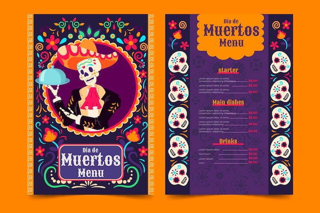 Hand drawn flat dia de muertos menu template