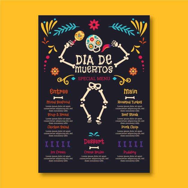 Modello di menu dia de muertos piatto disegnato a mano