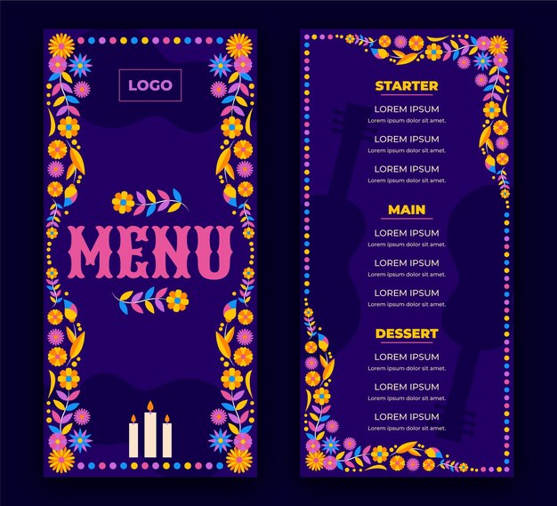 Modello di menu dia de muertos piatto disegnato a mano