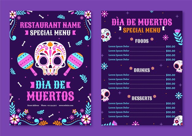 Hand drawn flat dia de muertos menu template