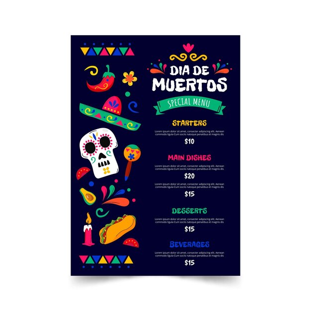 Ручной обращается плоский шаблон меню dia de muertos