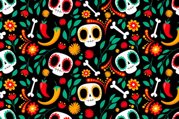 Hand drawn flat dia de muertos pattern design