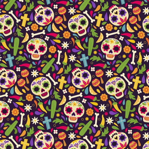 Hand drawn flat dia de muertos pattern design