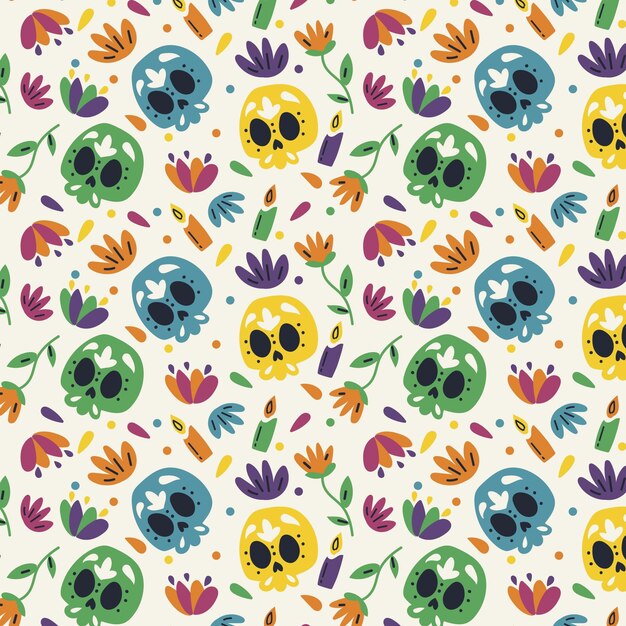 Hand drawn flat dia de muertos pattern design