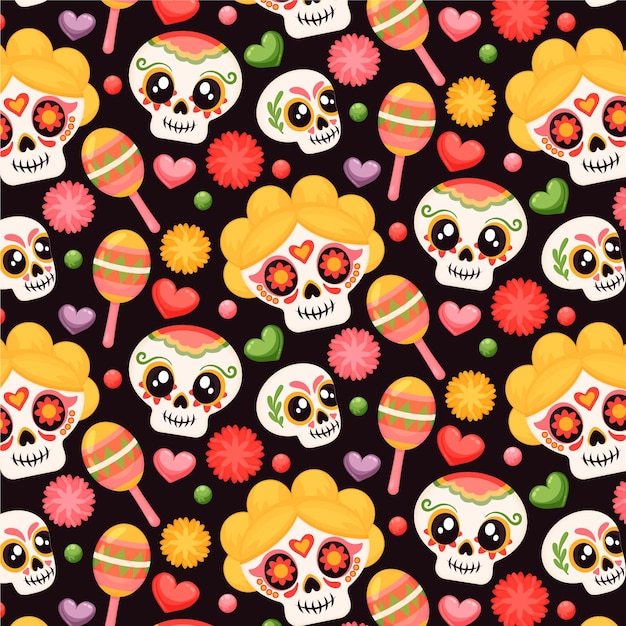 Free vector hand drawn flat dia de muertos pattern design