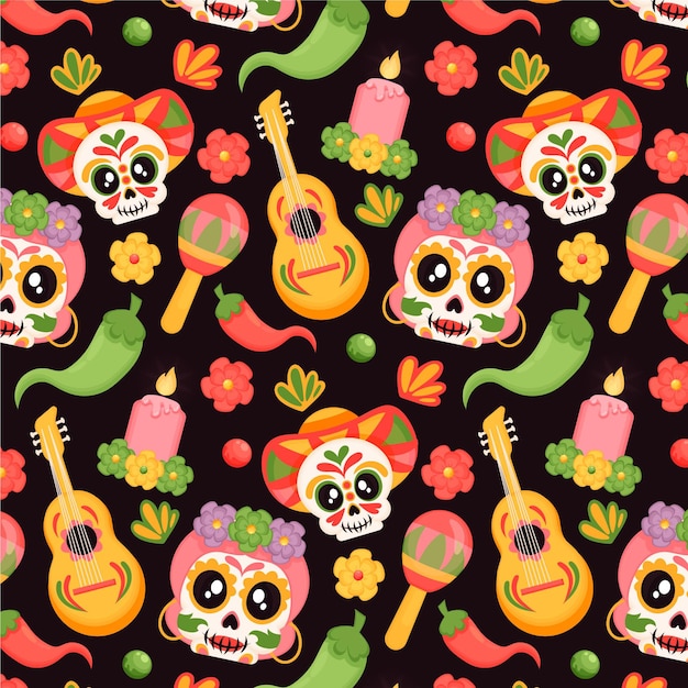 Hand drawn flat dia de muertos pattern design