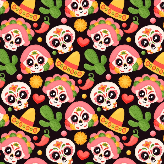 Free vector hand drawn flat dia de muertos pattern design