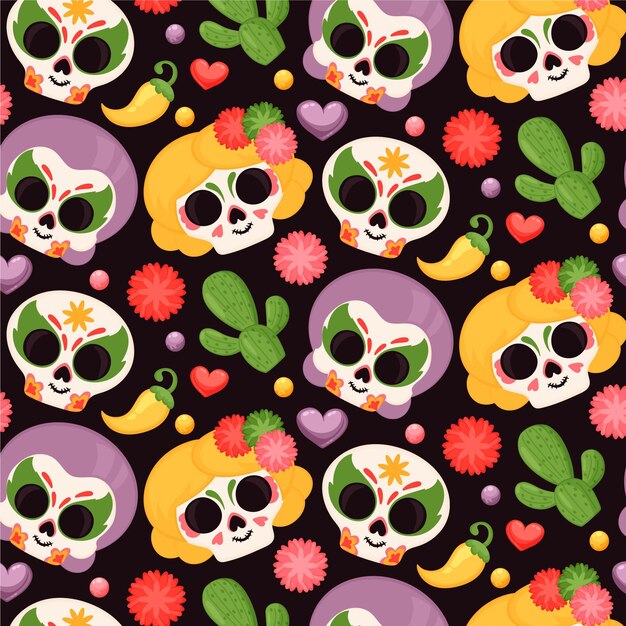 Hand drawn flat dia de muertos pattern design