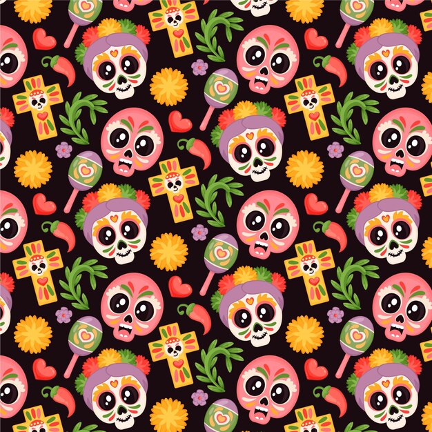 Free vector hand drawn flat dia de muertos pattern design