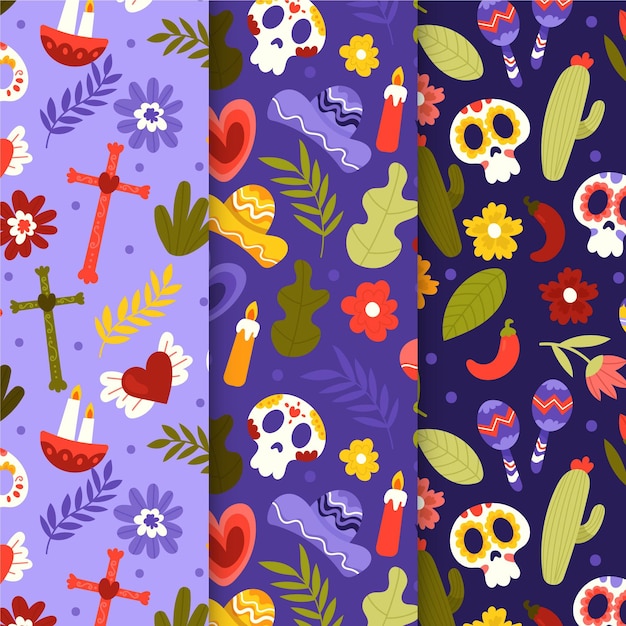 Hand drawn flat dia de muertos patterns collection