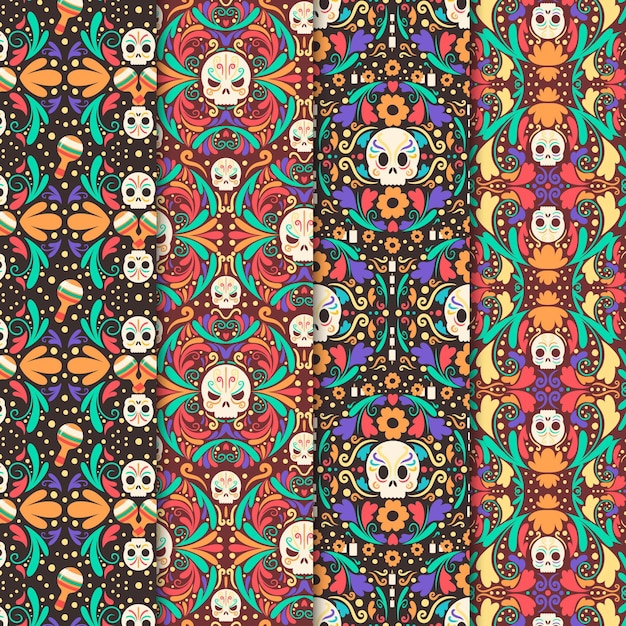 Коллекция рисованной плоских узоров dia de muertos