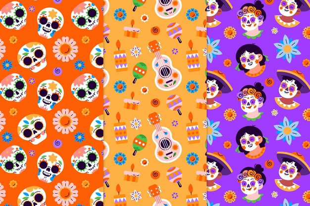 Vettore gratuito collezione di modelli dia de muertos piatti disegnati a mano