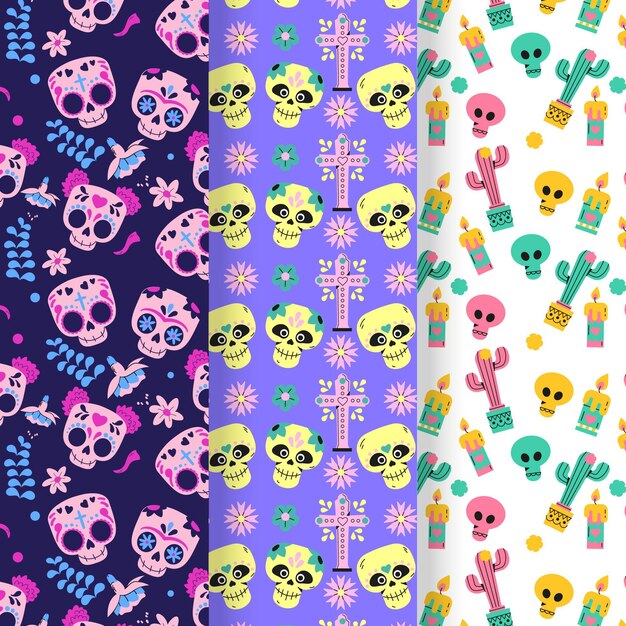 Hand drawn flat dia de muertos patterns collection