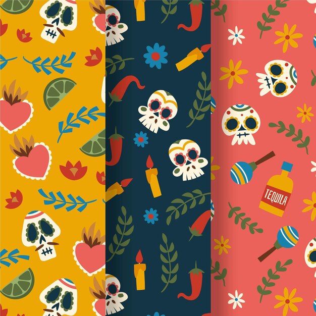 Hand drawn flat dia de muertos patterns collection
