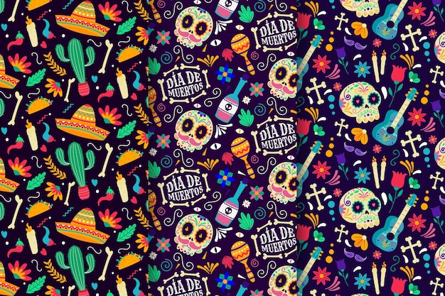 Free vector hand drawn flat dia de muertos patterns collection