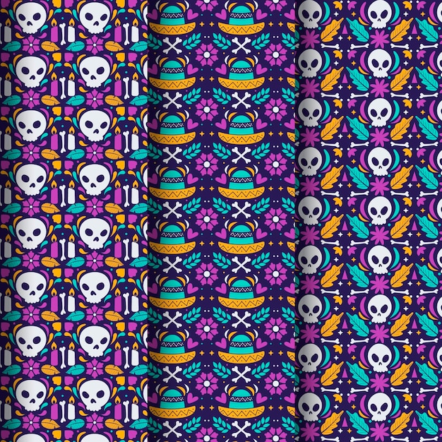 Hand drawn flat dia de muertos patterns collection