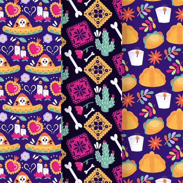 Free vector hand drawn flat dia de muertos patterns collection