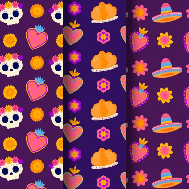 Hand drawn flat dia de muertos patterns collection