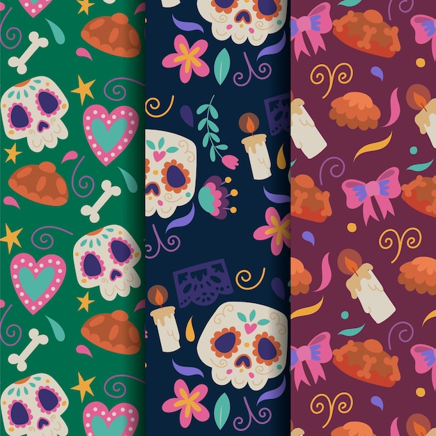 Free vector hand drawn flat dia de muertos patterns collection